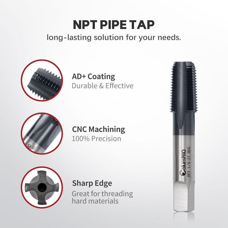 ColumPRO 1/8”-27 NPT Pipe Tap, High-Speed Steel Thread Tap with AD+ Coating, Heavy-Duty Threading Tool for Stainless Steel, Brass, PVC, Metal - Image 4